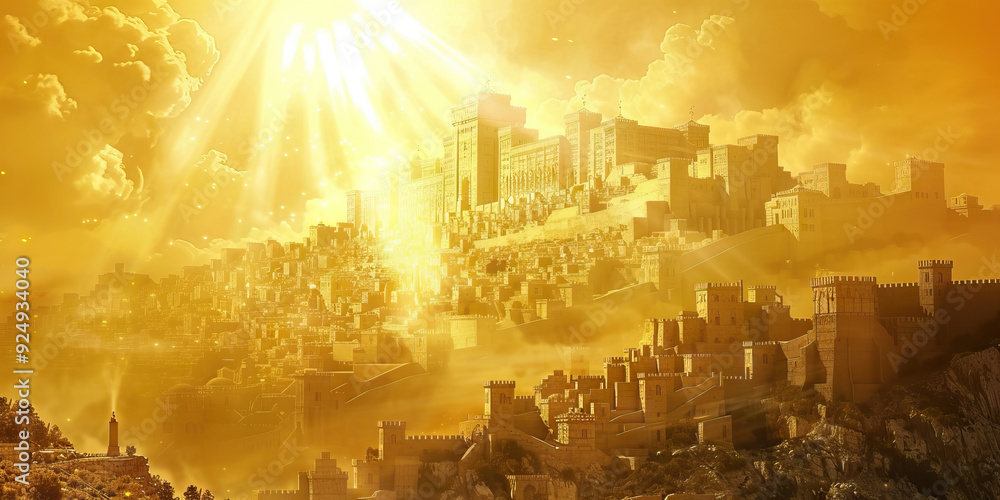 Fototapeta premium The New Jerusalem: The City of God Descending from Heaven - Picture a scene where the new Jerusalem descends from heaven, a city of pure gold, shining with the glory of God