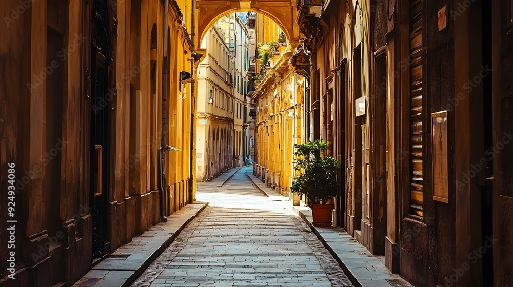 Fototapeta premium Arched Entrance with Hanging Blank Sign in European Street Setting