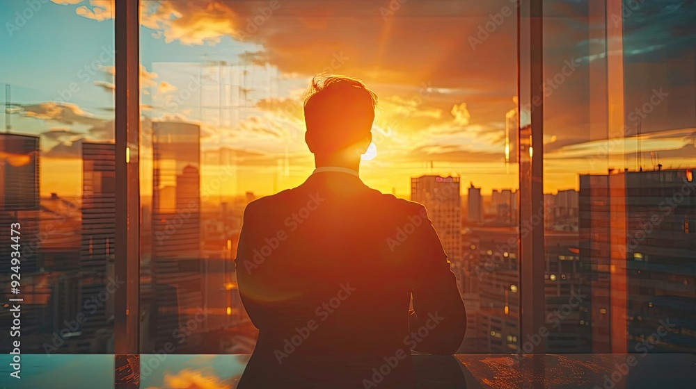 A silhouette of a man gazing at a breathtaking sunset from a high-rise office, symbolizing reflection and inspiration. A silhouette of a man gazing at a breathtaking sunset from a high-rise office, symbolizing reflection and inspiration.