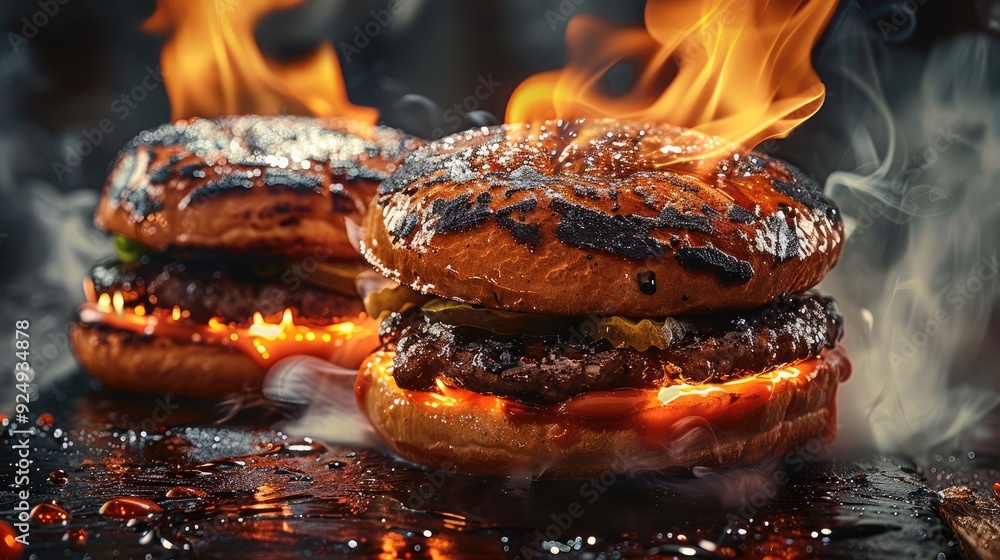 Burnt burgers. Flaming hot hamburger with fiery flames sizzling. Generative AI. Burnt burgers. Flaming hot hamburger with fiery flames sizzling. Generative AI.