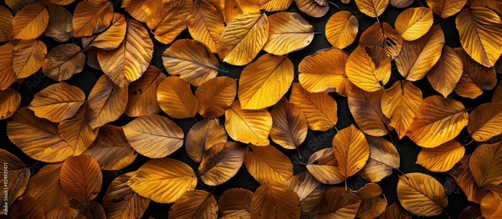 The golden leaves are arranged against a black background. with copy space image. Place for adding text or design The golden leaves are arranged against a black background. with copy space image. Place for adding text or design