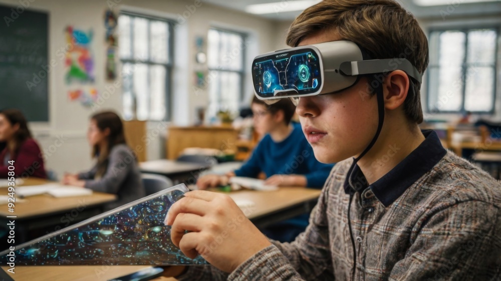 A student using augmented reality glasses to visualize complex scientific concepts in a classroom setting A student using augmented reality glasses to visualize complex scientific concepts in a classroom setting