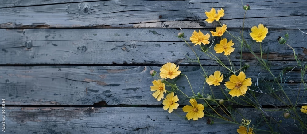 Obraz premium yellow flowers against a gray backdrop of weathered boards. with copy space image. Place for adding text or design