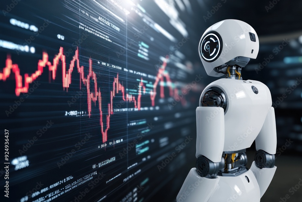 Fototapeta premium High-tech robot examining economic graphs on screen.