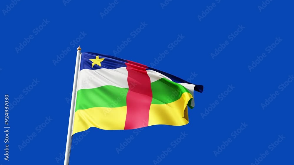 Flag of republic of central africa on a blue screen, no background, flag on a flag pole waving in the wind, african country, national symbol of central african republic, picture of a flag Flag of republic of central africa on a blue screen, no background, flag on a flag pole waving in the wind, african country, national symbol of central african republic, picture of a flag