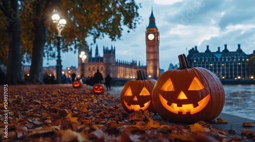 Halloween festival theme with pumpkin and London background in evening for decoration. photo