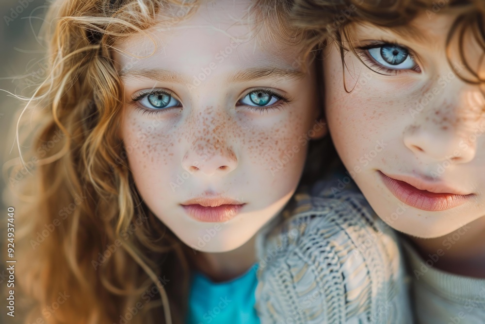 Close up portrait featuring a young girl and boy with striking blue eyes and freckles, embracing for the camera Close up portrait featuring a young girl and boy with striking blue eyes and freckles, embracing for the camera