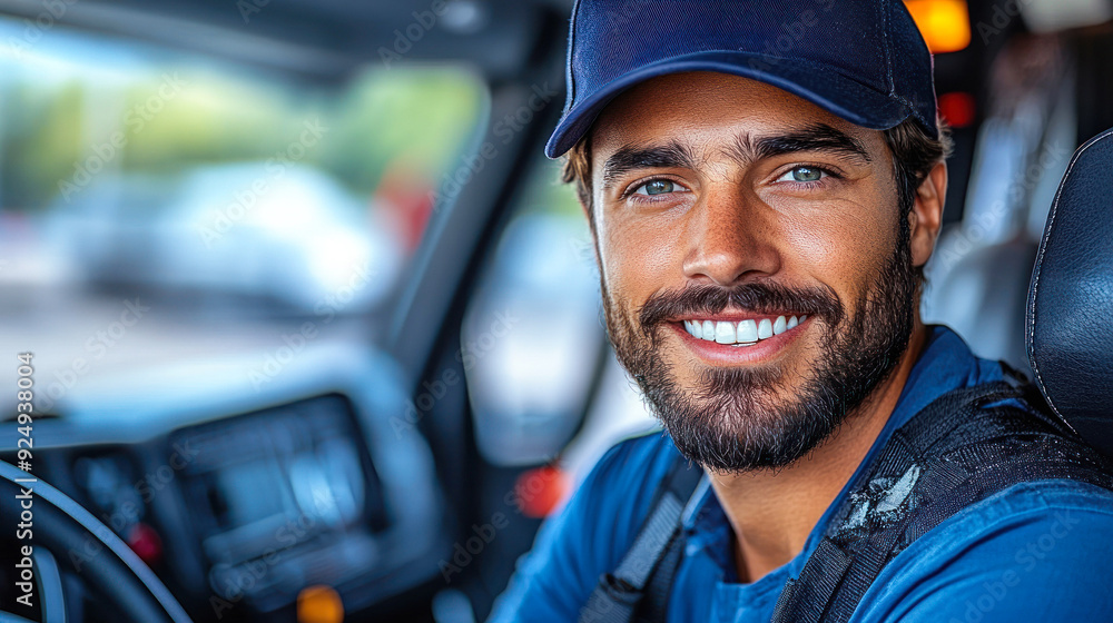 Young man smiling confidently in his vehicle. Young man smiling confidently in his vehicle.