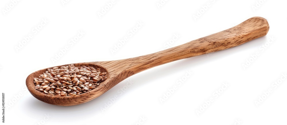 Linseed or flax seed on a slanted wooden spoon viewed from a low angle isolated against a white background. with copy space image. Place for adding text or design Linseed or flax seed on a slanted wooden spoon viewed from a low angle isolated against a white background. with copy space image. Place for adding text or design