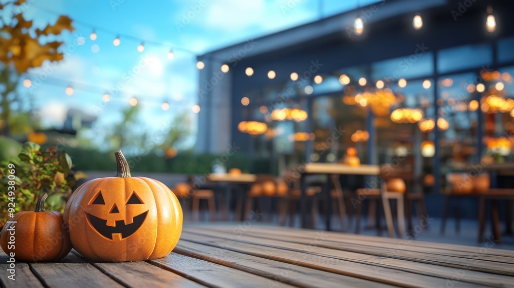 Fototapeta premium Outdoor restaurant wallpaper decorate shop by pumpkins in Halloween theme for all purpose.