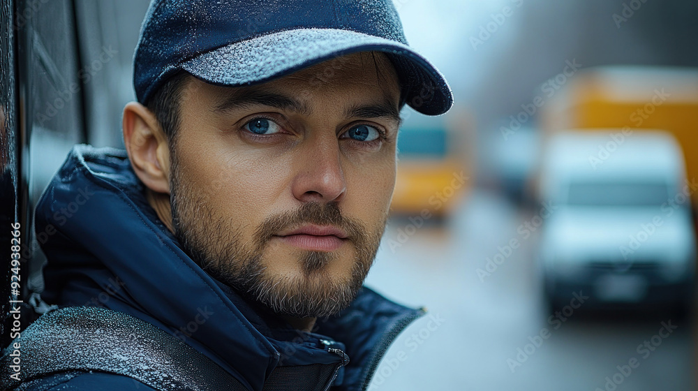 Man with a hat in snowy weather gazing thoughtfully. Man with a hat in snowy weather gazing thoughtfully.