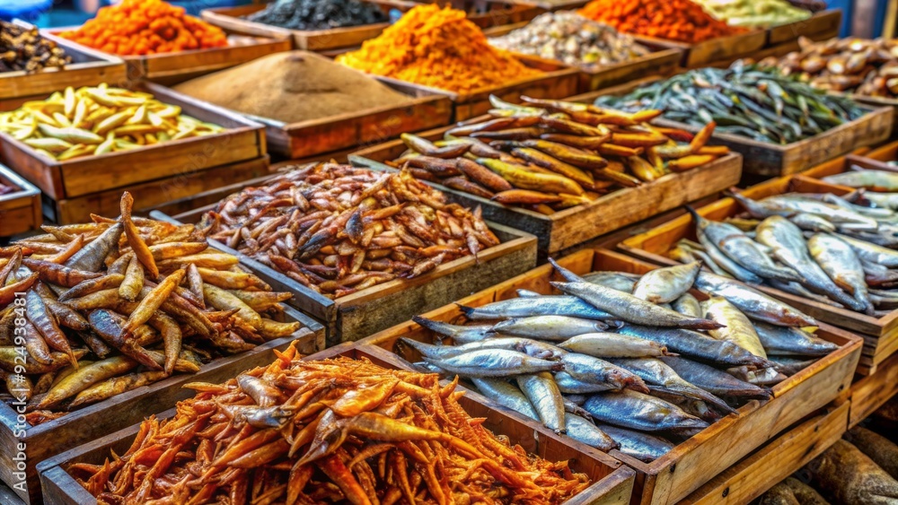 Fototapeta premium Vibrant colors of assorted dried fish on wooden crates at bustling marketplace, a staple traditional side dish in Indonesian cuisine, freshly caught and sun-dried to perfection.