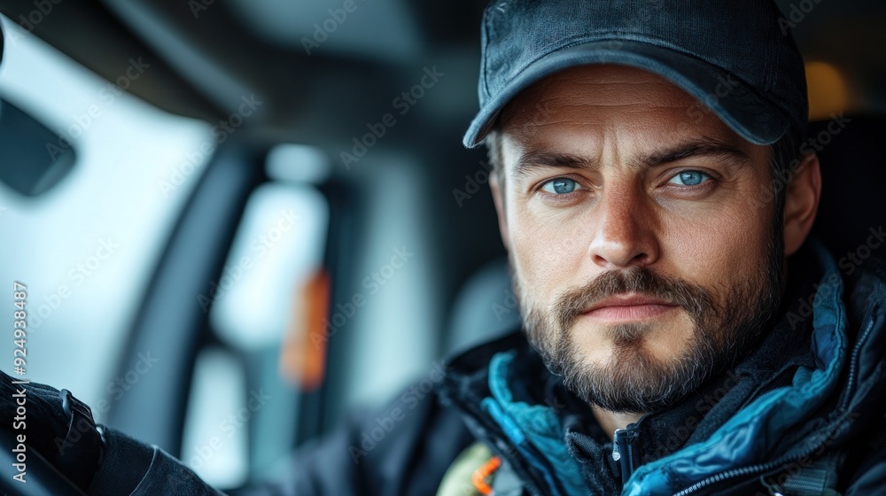 Man with beard driving vehicle, looking focused inside. Man with beard driving vehicle, looking focused inside.