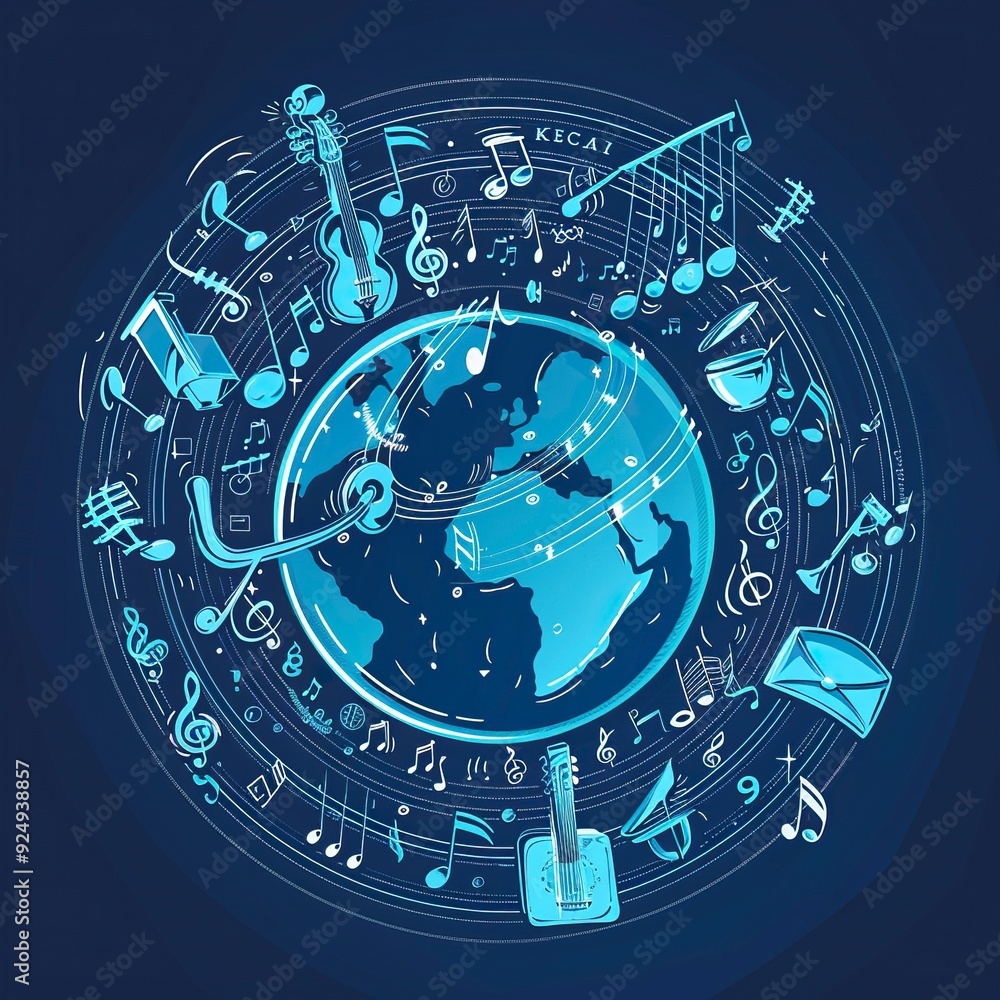 Fototapeta premium a globe surrounded by connected music notes and musical instruments, vector style, single color, simple lines ,generative ai