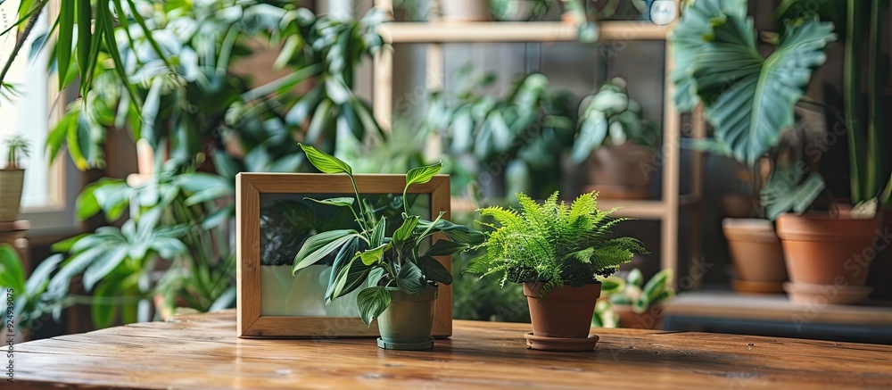 A table with a photo frame and houseplants. with copy space image. Place for adding text or design A table with a photo frame and houseplants. with copy space image. Place for adding text or design