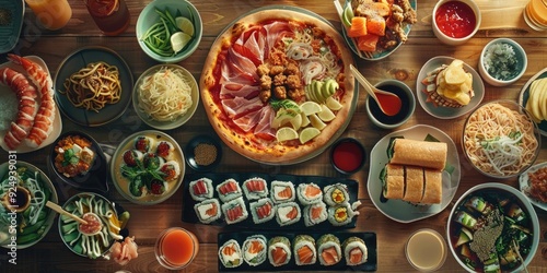 Wallpaper Mural Assortment of Sushi Pizza Burgers Soups Desserts Beverages Rolls Sashimi Margherita Pepperoni Cheeseburger Ramen Ice cream Milkshake Noodles Tempura Cupcakes Smoothies Lemonade and Espresso Torontodigital.ca