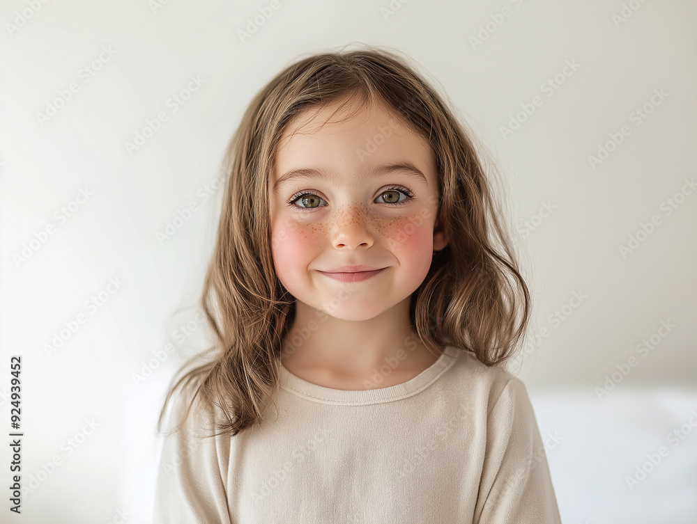 A little girl with long brown hair and freckles smiles gently at the camera, against a light background, showcasing her innocence and natural beauty. A little girl with long brown hair and freckles smiles gently at the camera, against a light background, showcasing her innocence and natural beauty.