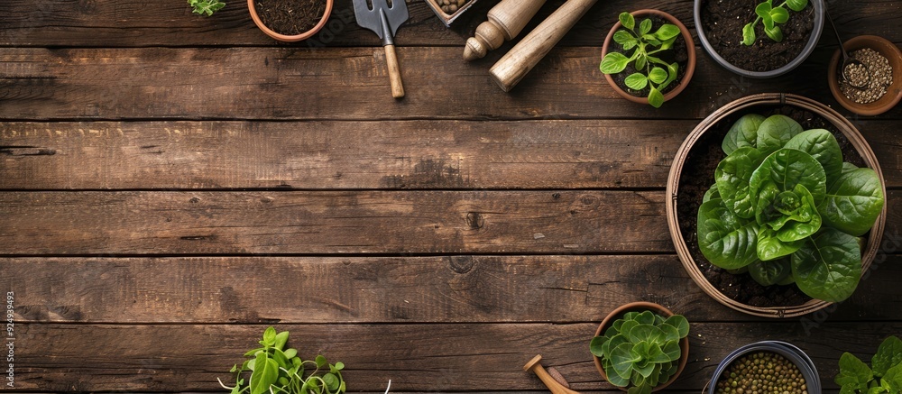 Garden tools and plants on a wooden table Gardening theme Transplanting and planting vegetables and flowers during spring Copy space Flat lay From above Garden tools and plants on a wooden table Gardening theme Transplanting and planting vegetables and flowers during spring Copy space Flat lay From above