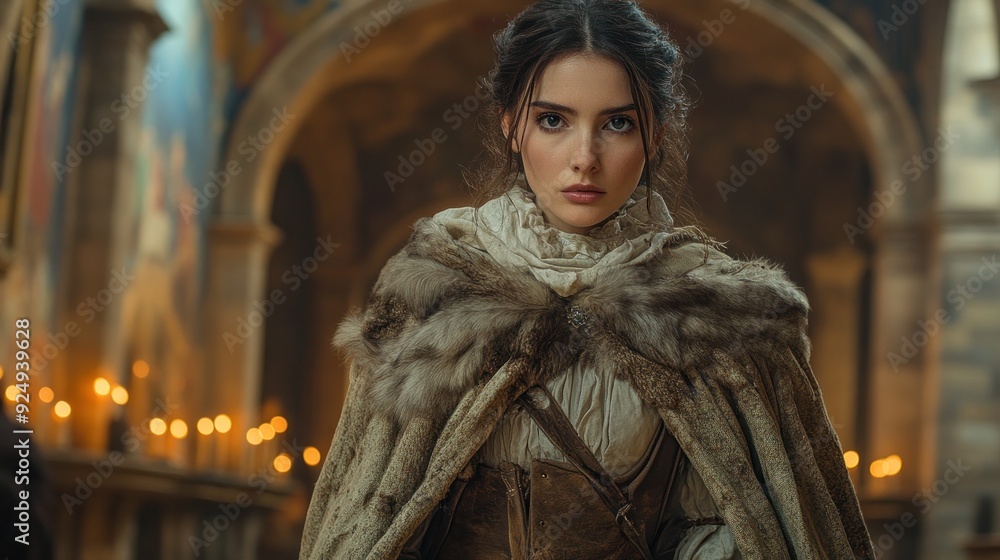 Naklejka premium Woman in fur cloak standing inside ancient cathedral