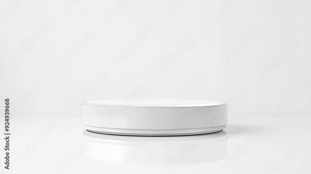 A sleek, modern product podium designed with a cylindrical shape and a polished, reflective surface. The product is positioned centrally on the podium, featuring a blank white label that offers A sleek, modern product podium designed with a cylindrical shape and a polished, reflective surface. The product is positioned centrally on the podium, featuring a blank white label that offers