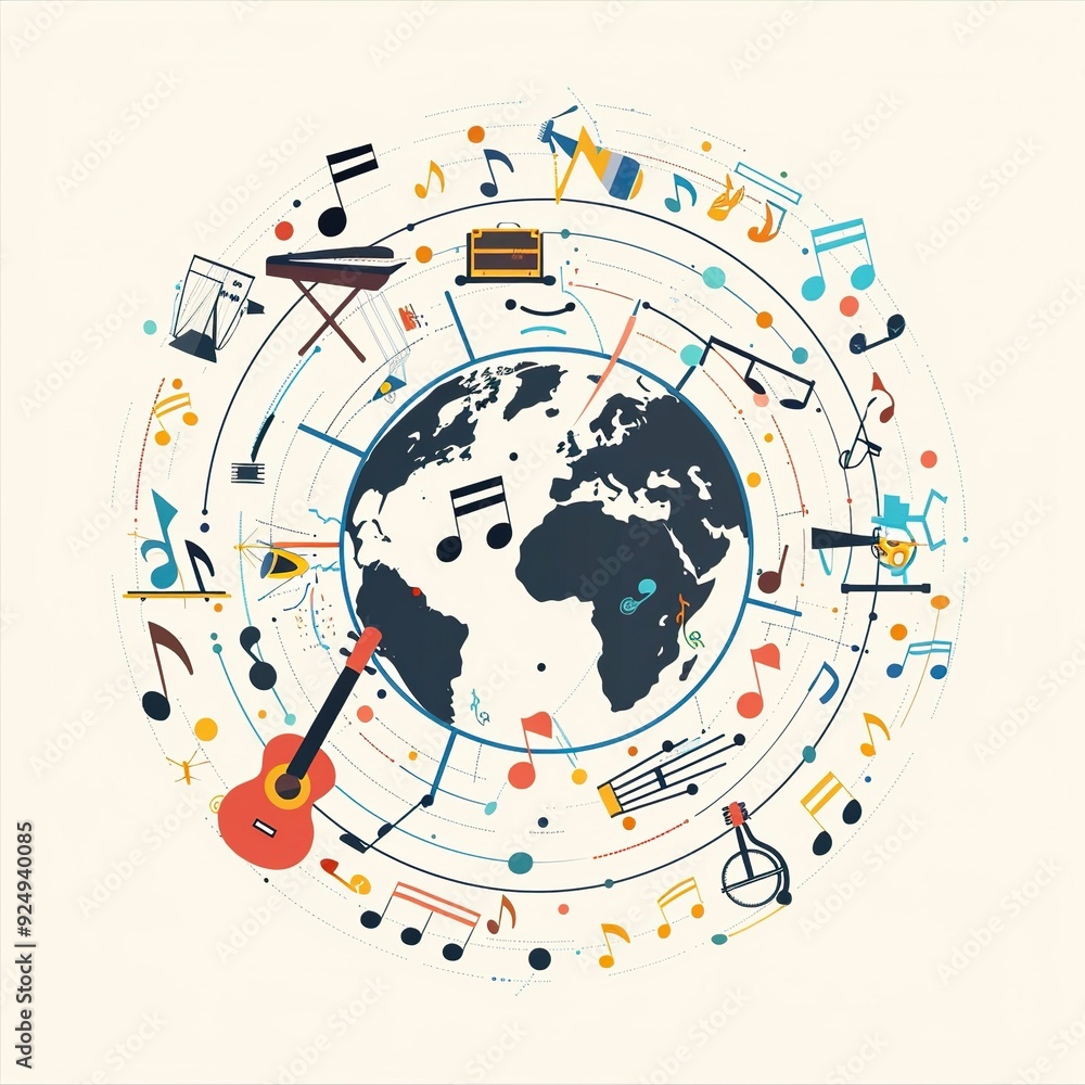 a globe surrounded by connected music notes and musical instruments, vector style, single color, simple lines ,generative ai a globe surrounded by connected music notes and musical instruments, vector style, single color, simple lines ,generative ai