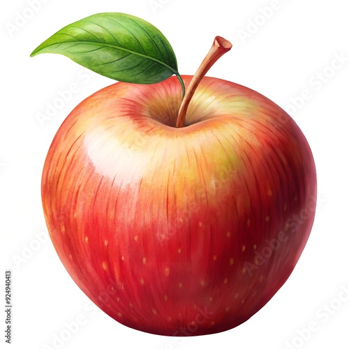 A vibrant red apple adorned with a green leaf set against a white background