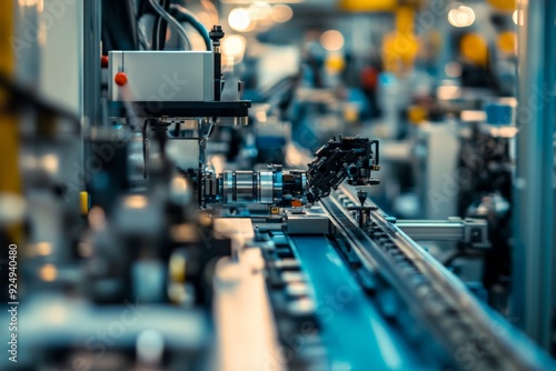 Close-up of an automated production line in a factory, showcasing advanced machinery and precision engineering in manufacturing. photo