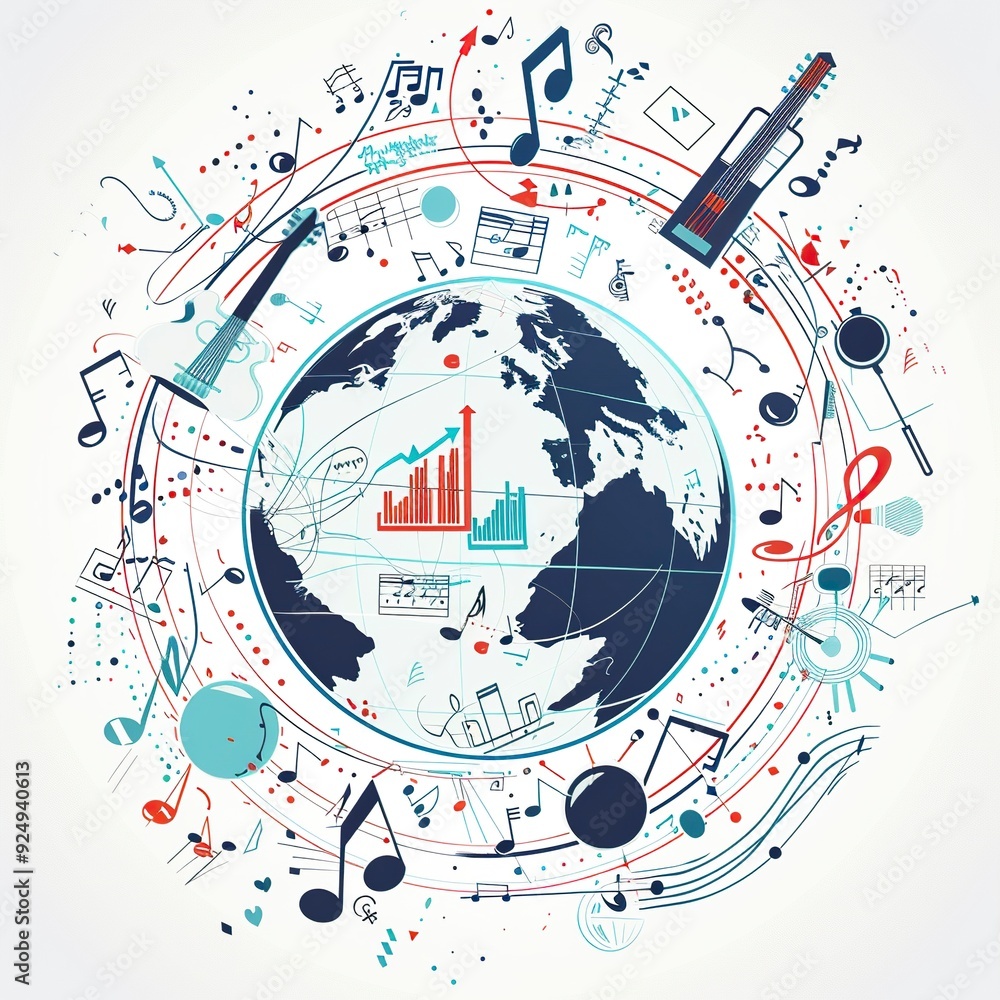 a globe surrounded by connected music notes and musical instruments, vector style, single color, simple lines ,generative ai a globe surrounded by connected music notes and musical instruments, vector style, single color, simple lines ,generative ai