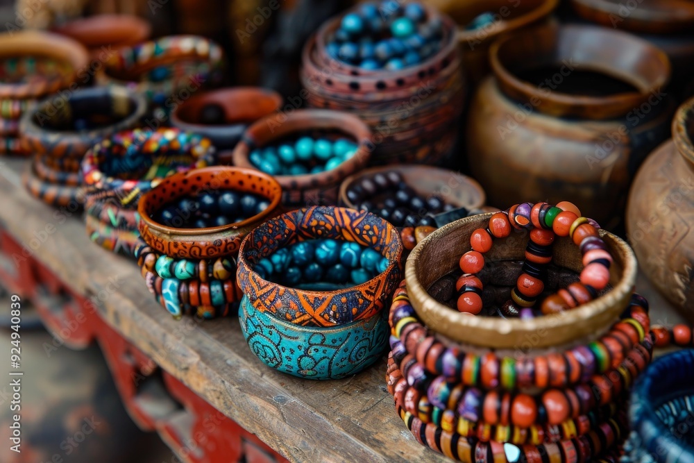 Colorful handmade bracelets are displayed on a wooden shelf at a market stall Colorful handmade bracelets are displayed on a wooden shelf at a market stall