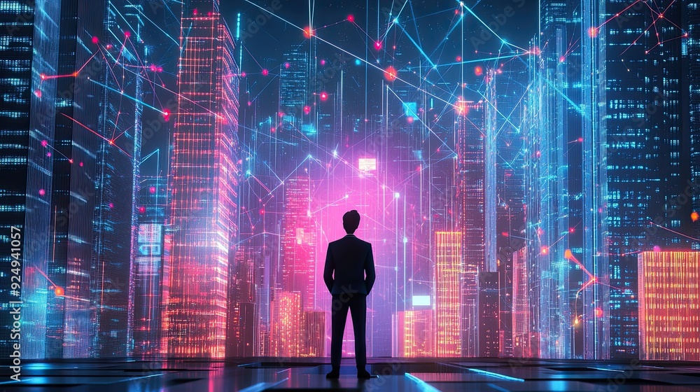 Back view of a cartoon businessman gazing at a vibrant 3D cityscape with connection elements Back view of a cartoon businessman gazing at a vibrant 3D cityscape with connection elements
