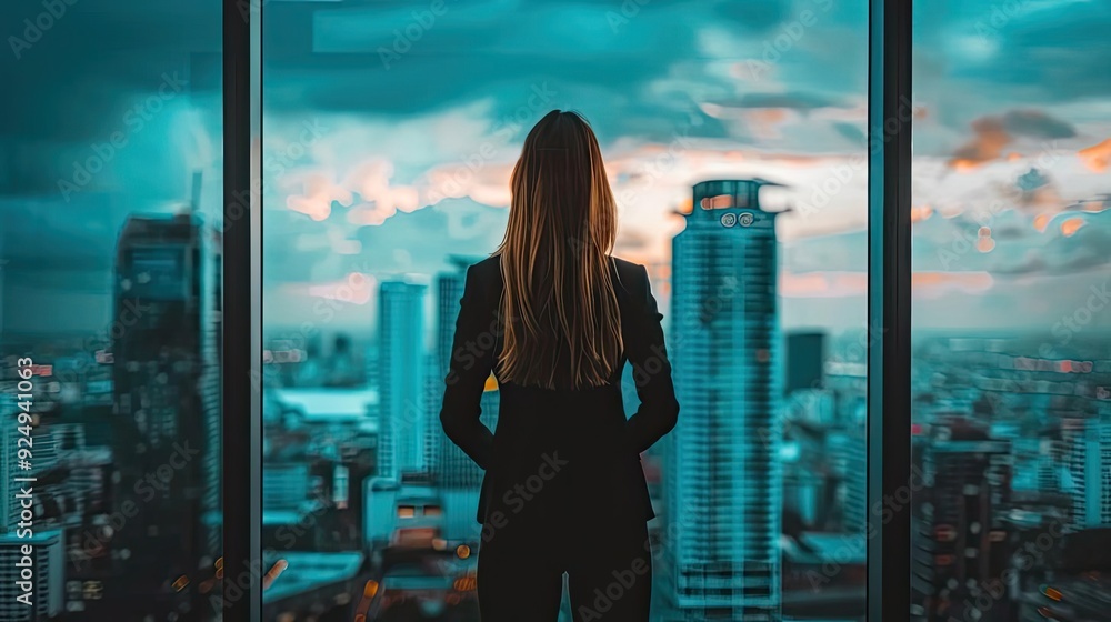 A woman gazing at a city skyline through a large window, capturing the essence of urban life and ambition against a twilight backdrop. A woman gazing at a city skyline through a large window, capturing the essence of urban life and ambition against a twilight backdrop.