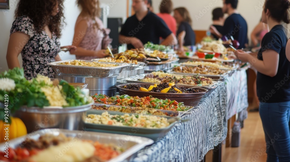 A community event featuring a potluck dinner, with tables lined with a variety of homemade dishes, people mingling and sharing stories, and a warm, welcoming atmosphere filled with the delicious