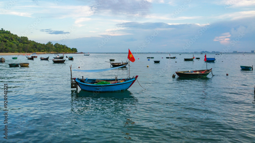 A fishing village with it´s traditional basket boats in Vietnam, Asia, seen from above A fishing village with it´s traditional basket boats in Vietnam, Asia, seen from above