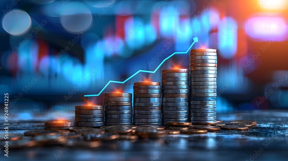 Rising financial graph and coins. Rising financial graph and coins.