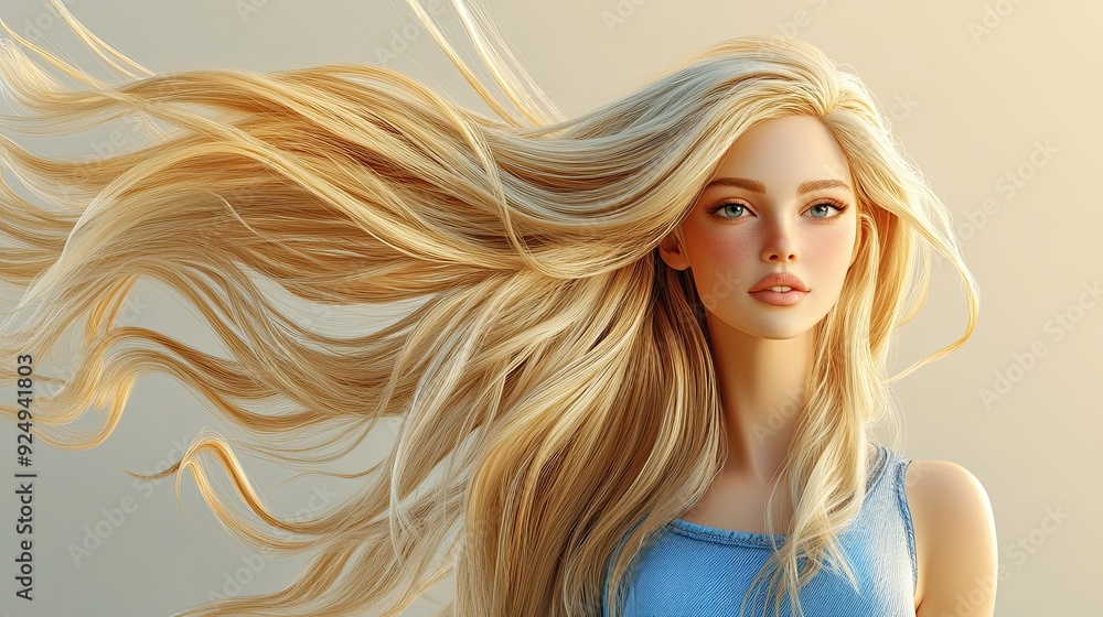 Fototapeta premium 3D Cartoon of a Beautiful Blonde Girl in Motion with Perfectly Long Hair Fashionable Model with Healthy Hair Stylish Blonde Woman with Gorgeous Locks
