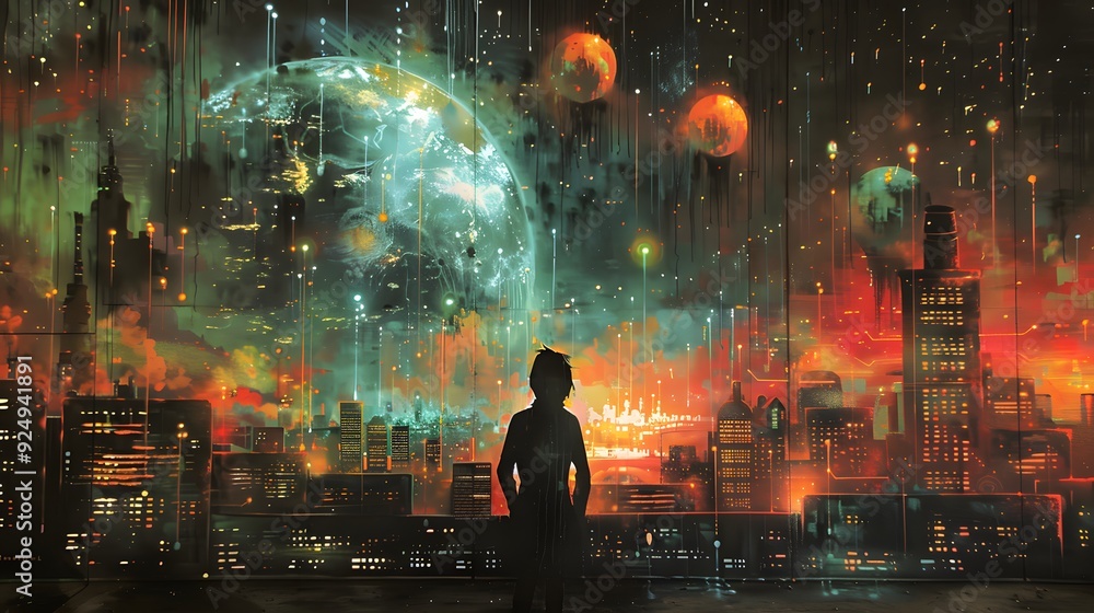 Silhouette of a Person Looking at the Futuristic Cityscape. Silhouette of a Person Looking at the Futuristic Cityscape.