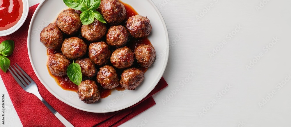 Meatballs with sauce on a plate accompanied by a fork on a red napkin against a white background Top view flat lay with copy space Meatballs with sauce on a plate accompanied by a fork on a red napkin against a white background Top view flat lay with copy space