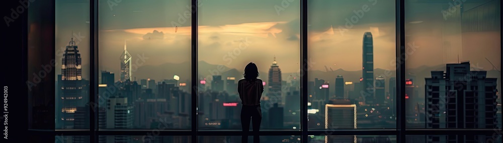 A silhouette of a person gazing out at a sprawling city skyline during sunset, capturing a moment of reflection and tranquility. A silhouette of a person gazing out at a sprawling city skyline during sunset, capturing a moment of reflection and tranquility.