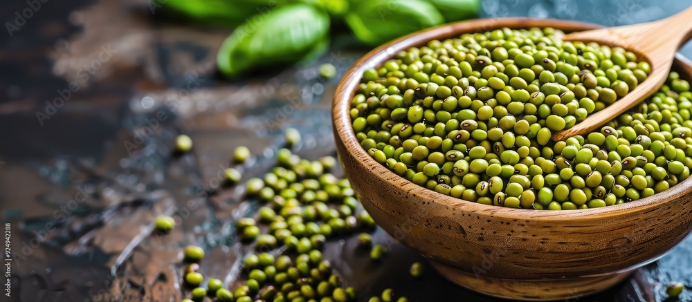 Mung beans for preparation using a wooden spoon. with copy space image. Place for adding text or design Mung beans for preparation using a wooden spoon. with copy space image. Place for adding text or design