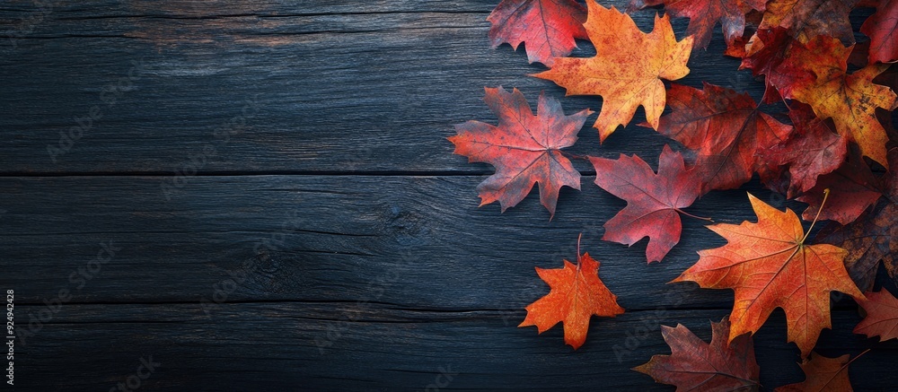 Vibrant maple leaves on a wooden surface Thanksgiving autumn. with copy space image. Place for adding text or design