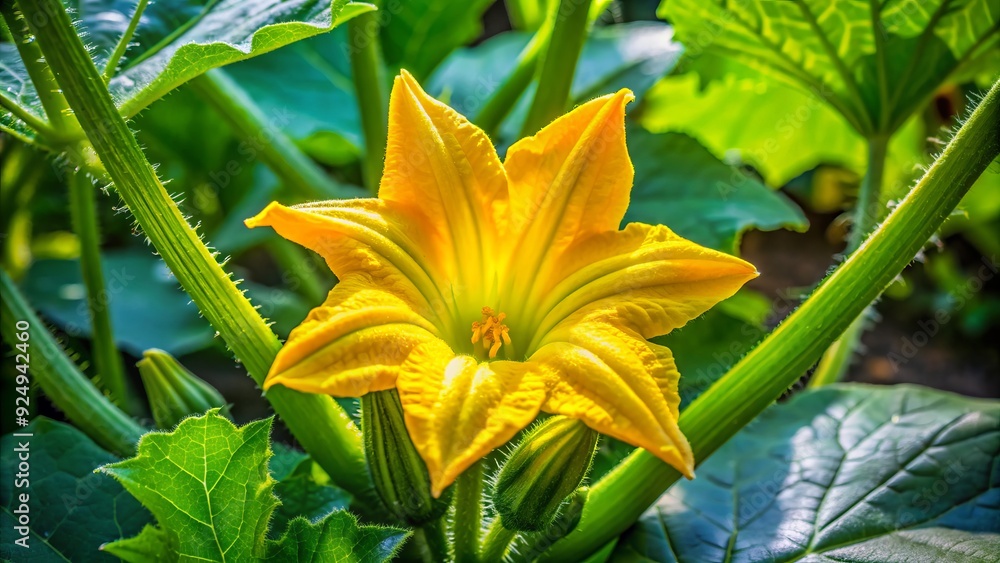 Φωτογραφία A bright yellow zucchini flower blooms on a lush green plant, surrounded by delicate leaves and tendrils, against a soft, sunny outdoor background