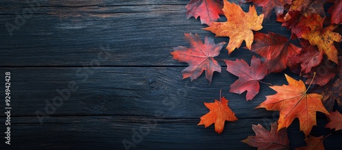 Obraz na płótnie Vibrant maple leaves on a wooden surface Thanksgiving autumn. with copy space image. Place for adding text or design w salonie