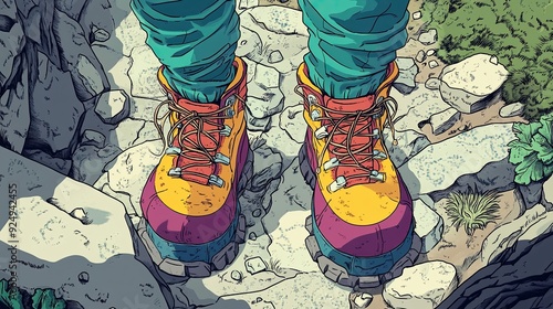 Cartoon Climber s Colorful Feet in Big Boots on a Rocky Pathway photo