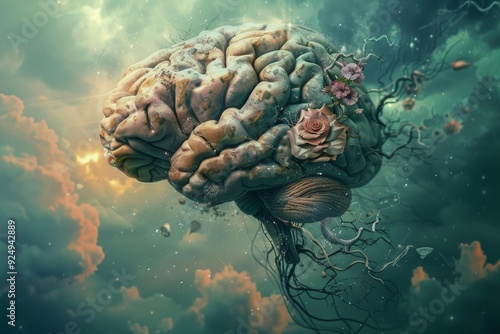 Surreal image of a human brain with flowers growing from it, floating in a cloudy sky