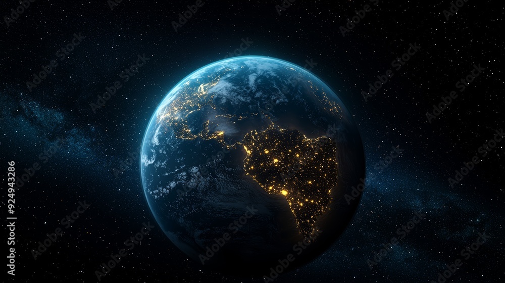 A stunning view of Earth from space, illuminated by city lights, showcasing the beauty of our planet at night. A stunning view of Earth from space, illuminated by city lights, showcasing the beauty of our planet at night.