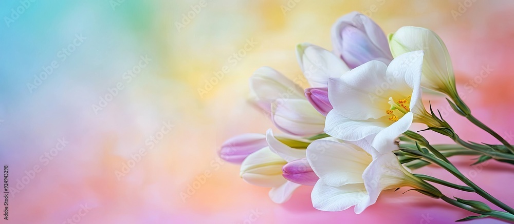 Fototapeta premium Beautiful freesia flowers on a colorful background. with copy space image. Place for adding text or design