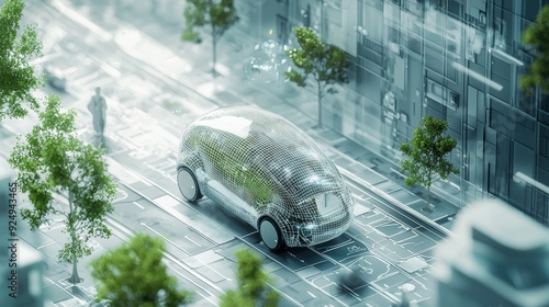 Intelligent self-driving vehicles drive on the streets of the future smart city photo