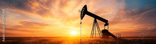 A stunning sunset silhouette of an oil pump jack against a vibrant sky, showcasing the energy industry's impact on nature. photo