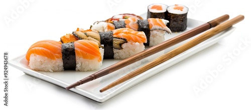 Sushi Japanese restaurant delivery A set of unagi eel rolls isolated on a white background in closeup copy space Healthy seafood cutout for menu photo