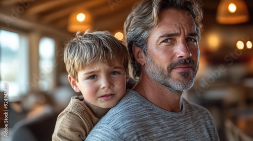 sick small unhappy son indoors at home checking his back with father